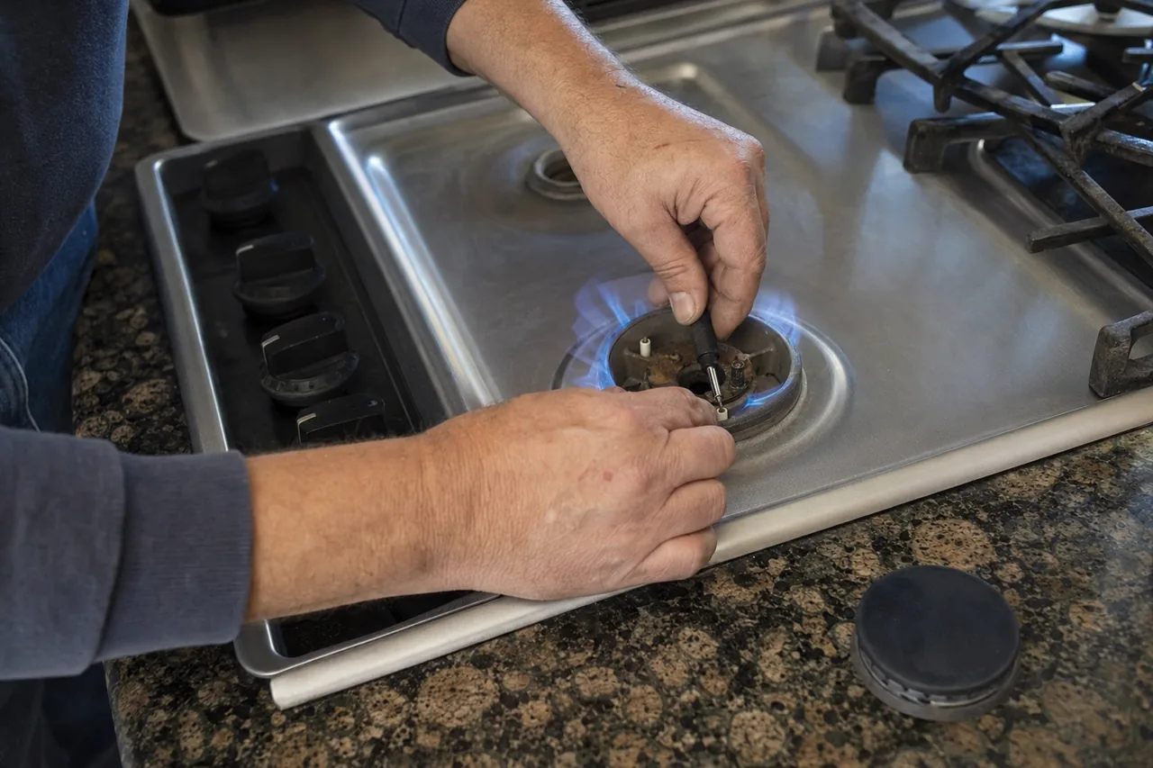 Hands relighting a gas cooktop burner with a faint blue flame and a burner cap resting on the stone surface