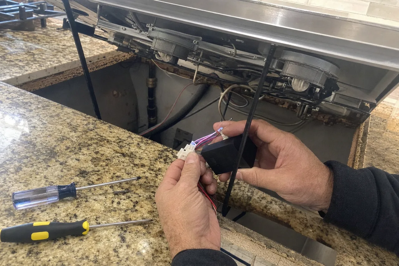 A gas cooktop propped open above the cabinet with wiring visible underneath and hand tools on the counter