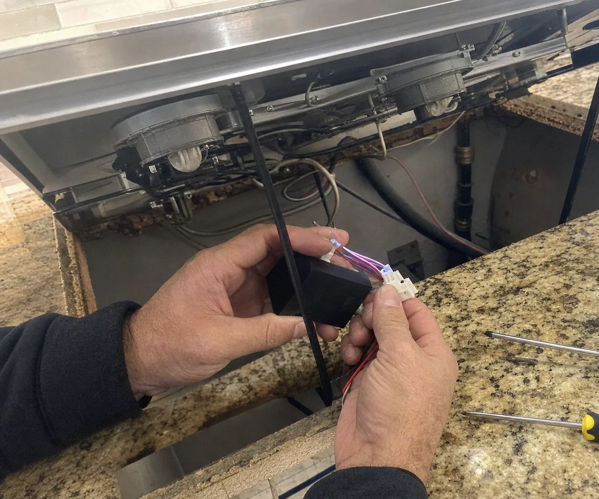 Wiring and a gas line visible in the cabinet below a lifted cooktop, with a screwdriver resting on the granite above