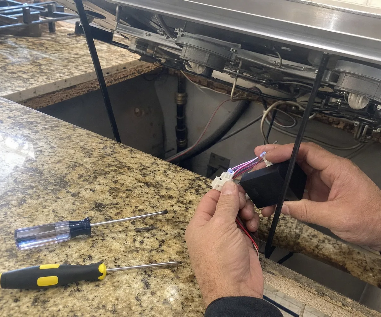 Hands holding a small electronic module removed from beneath a cooktop, the cabinet interior out of focus behind