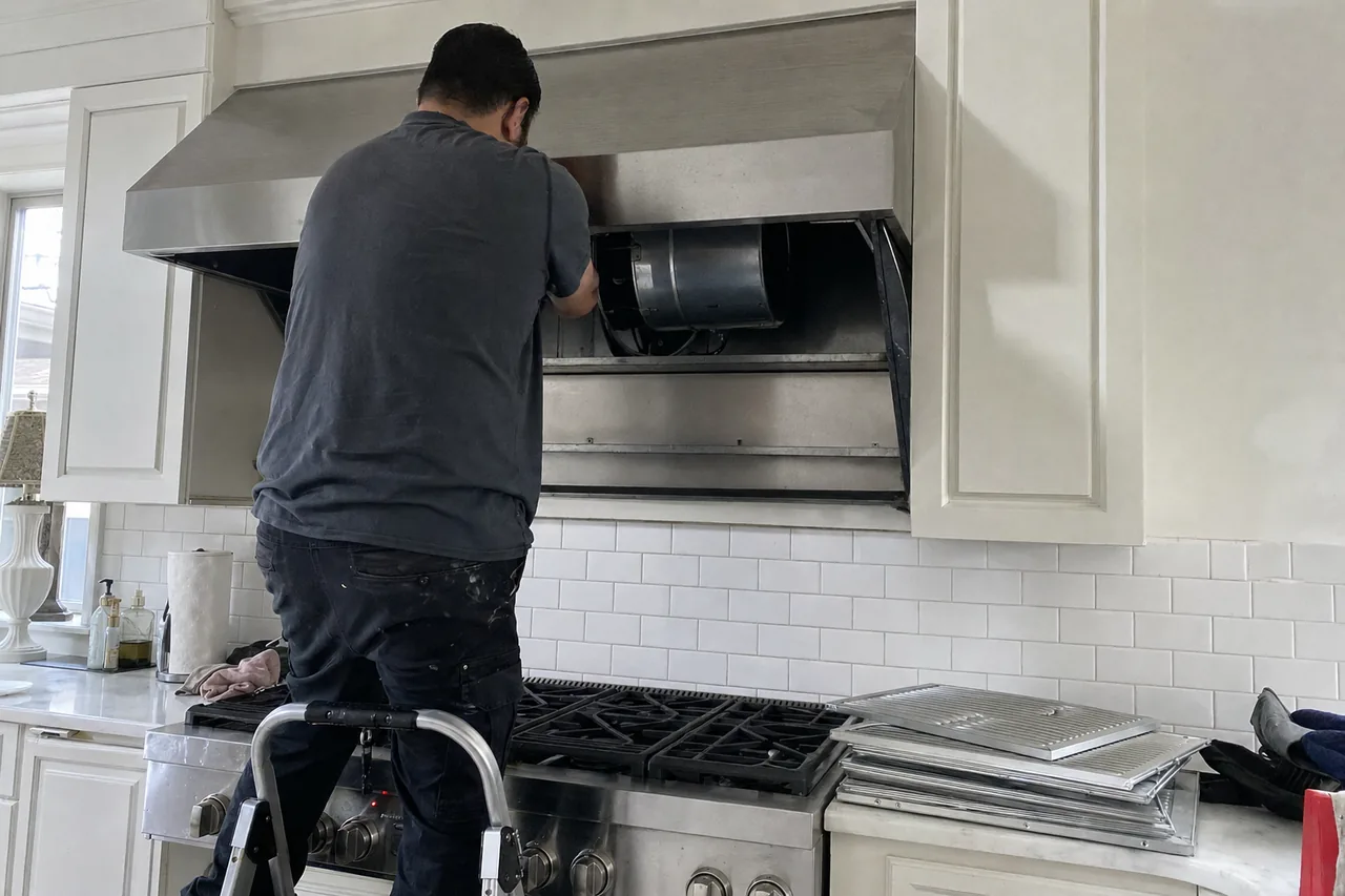 View up into an open stainless range hood canopy with a hand on the blower housing and the filters removed