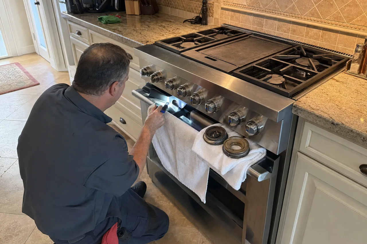 Technician kneeling at a stainless range with a burner cap and grate resting on a towel, holding a lighter to the igniter
