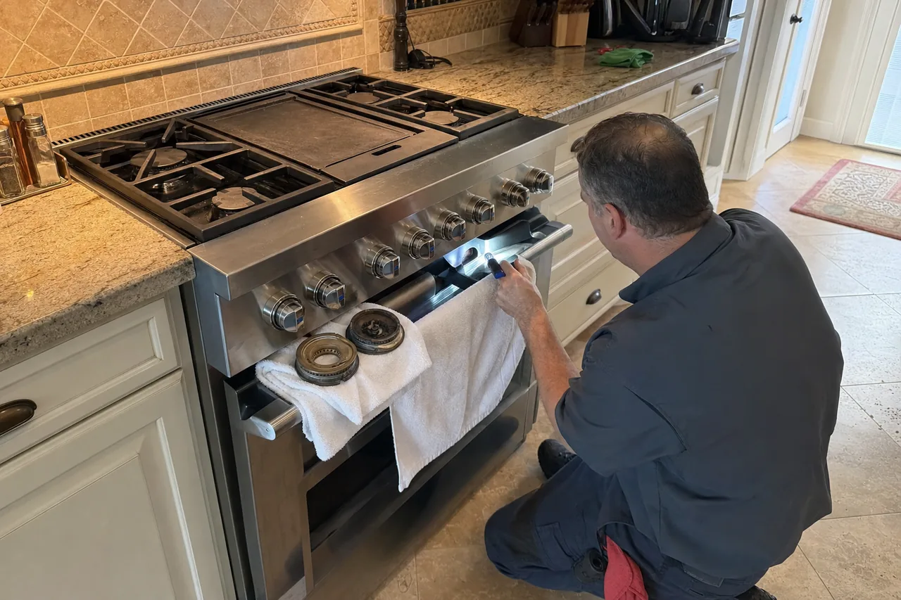 A kneeling technician seen from the side at a stainless range in a tiled kitchen, burner parts on a folded towel