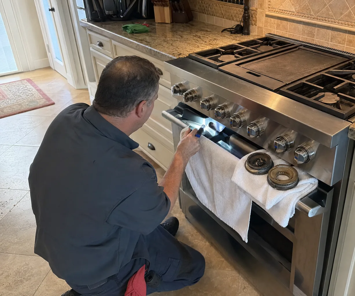 A technician at floor level beside a stainless range, a lighter in one hand and a burner cap in the other