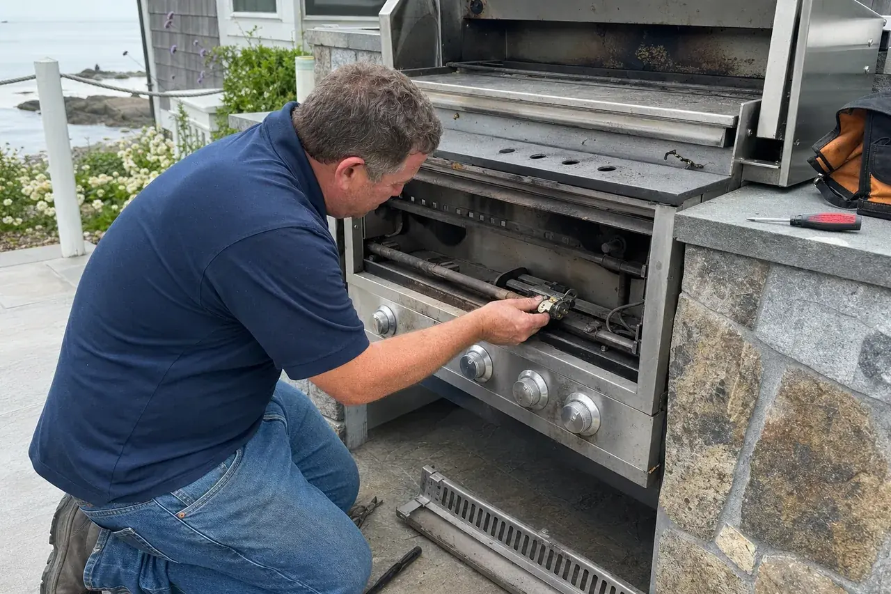 Technician working on a built-in stainless outdoor gas grill on a stone patio with one burner tube removed