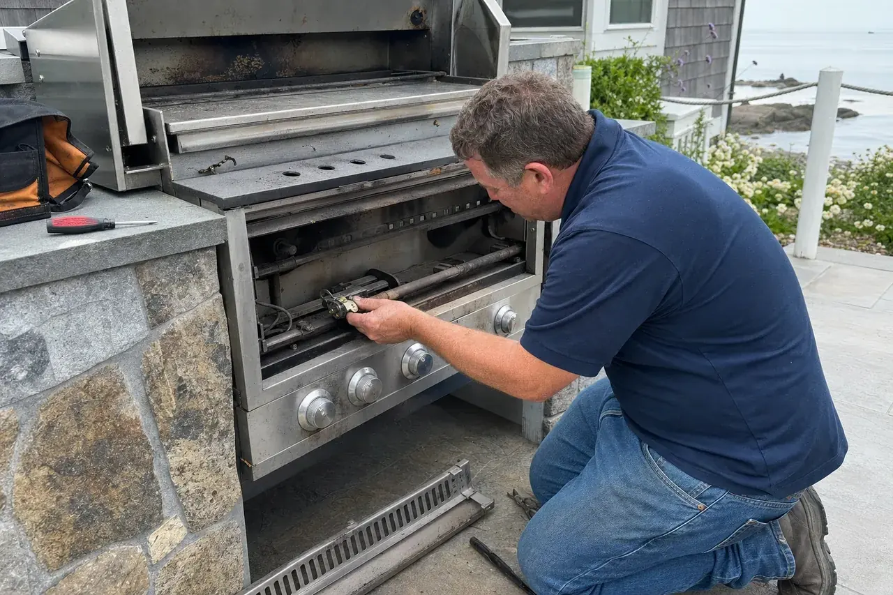 A built-in stainless grill in a covered outdoor kitchen with its grates lifted and the burner bed exposed
