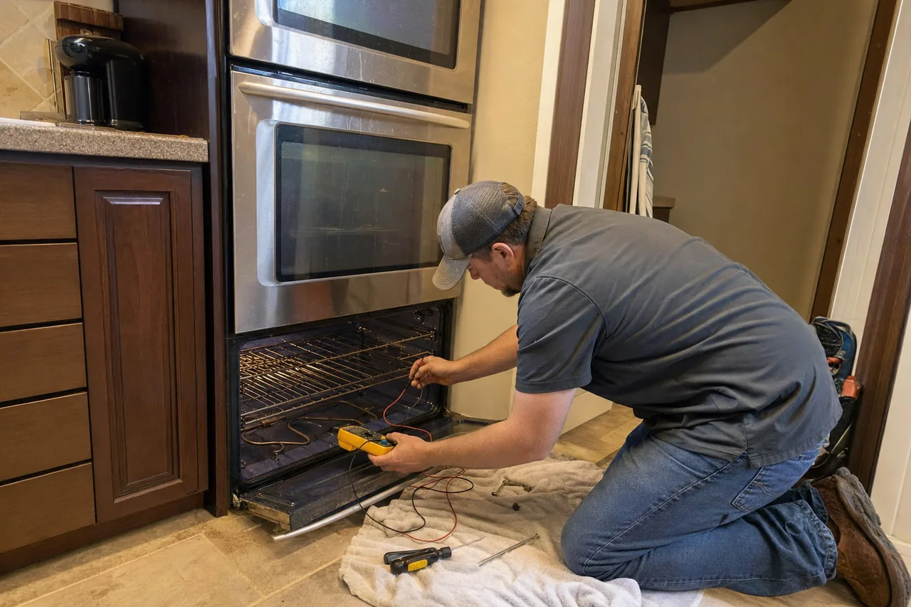 Open lower cavity of a stainless double wall oven with meter leads on the bake element and tools spread on a towel