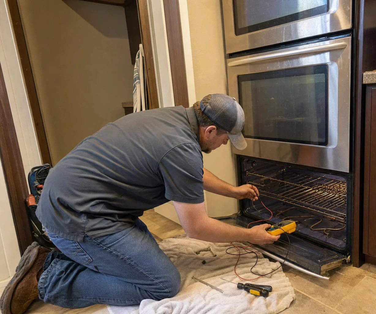 Close view of a built-in oven cavity with its door open and a technician reaching towards the rear panel