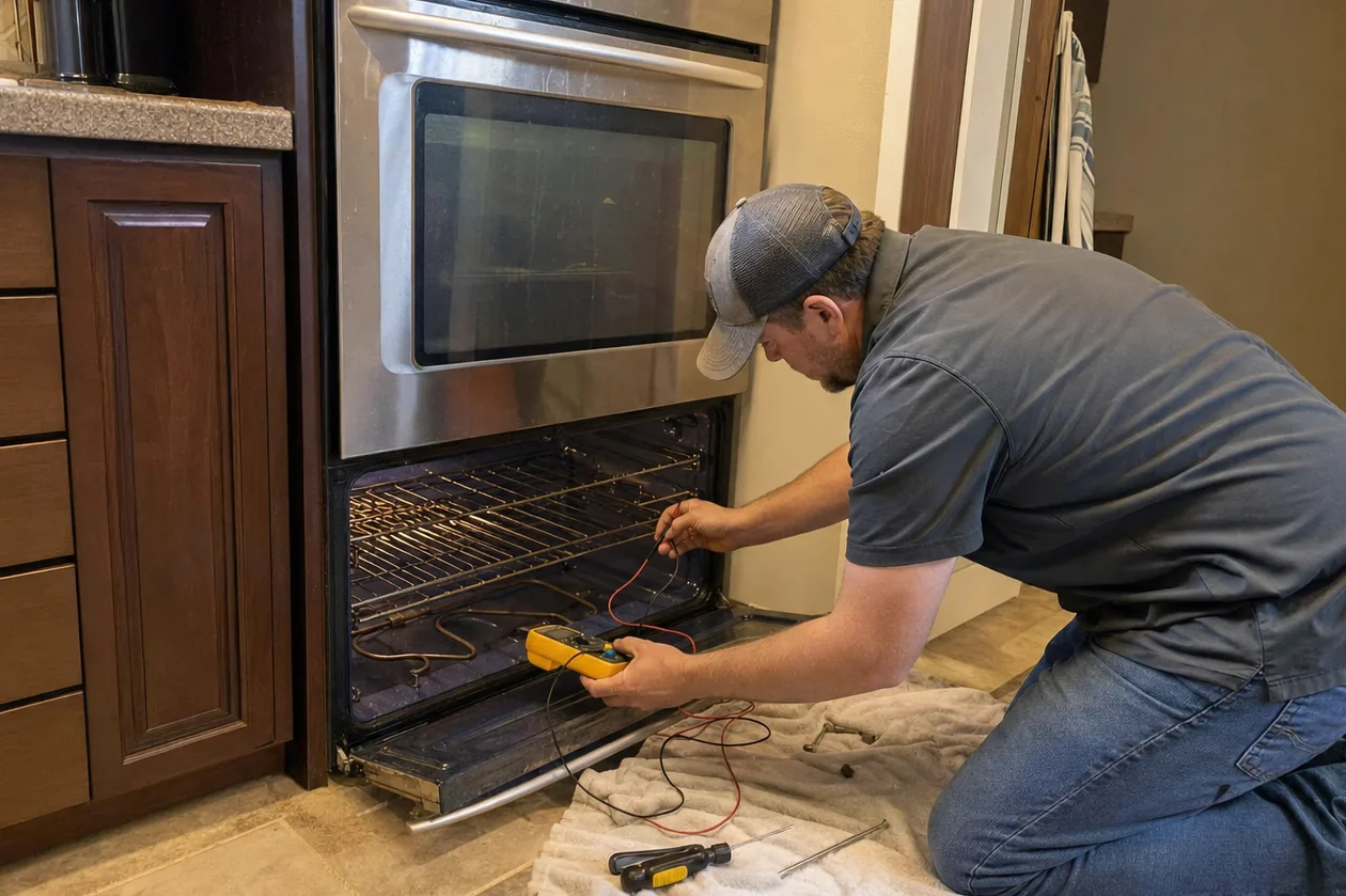 A technician kneels on a folded towel at the open lower cavity of a stainless double wall oven, holding meter probes to the wiring beneath the racks